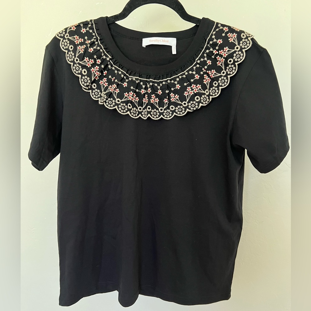 See by Chloè Scalloped Broderie Anglaise Trimmed T-Shirt